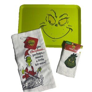 Grinch Melamine Assorted Faces 13” Tray Set 19”x25” Towel 10”x10” Scrubby